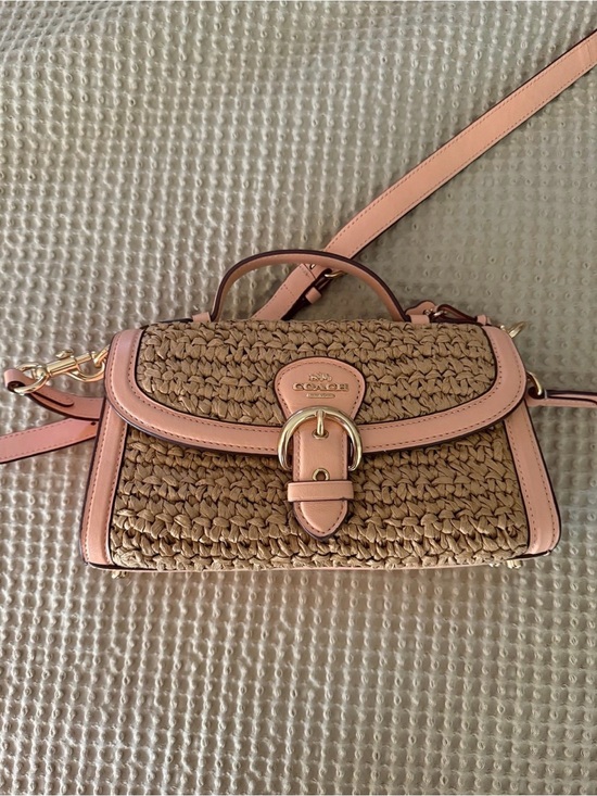 Coach Handbags - Coach Woven Straw Crossbody with Pink Leather Trim and Gold Buckle